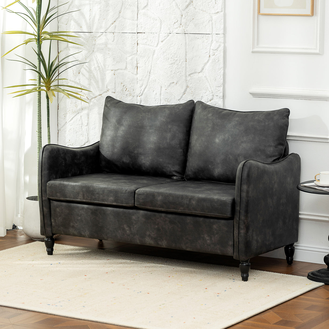 55" Loveseat Sofa, Small 2 Seater Couch with Solid Wood Legs, Modern PU Leather Upholstered Sofa for Small Spaces, Grey