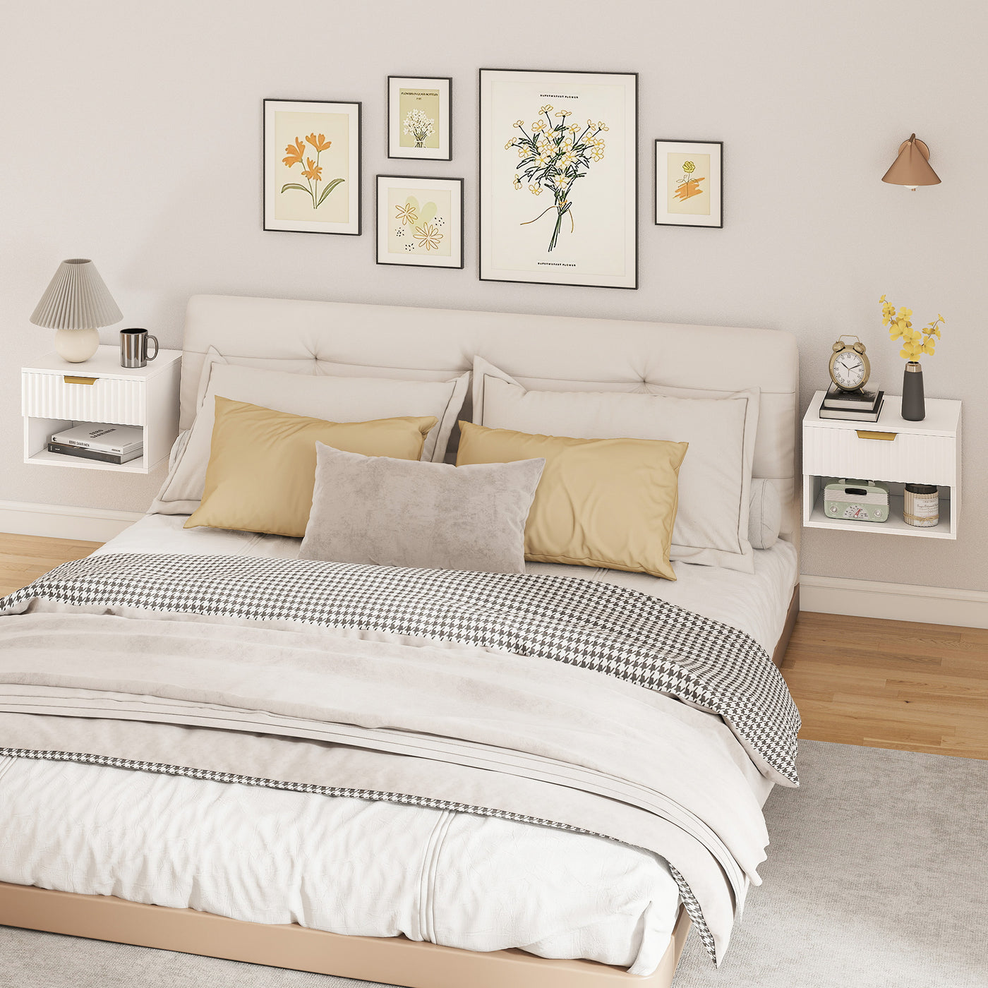Floating Nightstands, Wall Mounted Bedside Tables Set of 2 with Drawer and Open Shelf, White