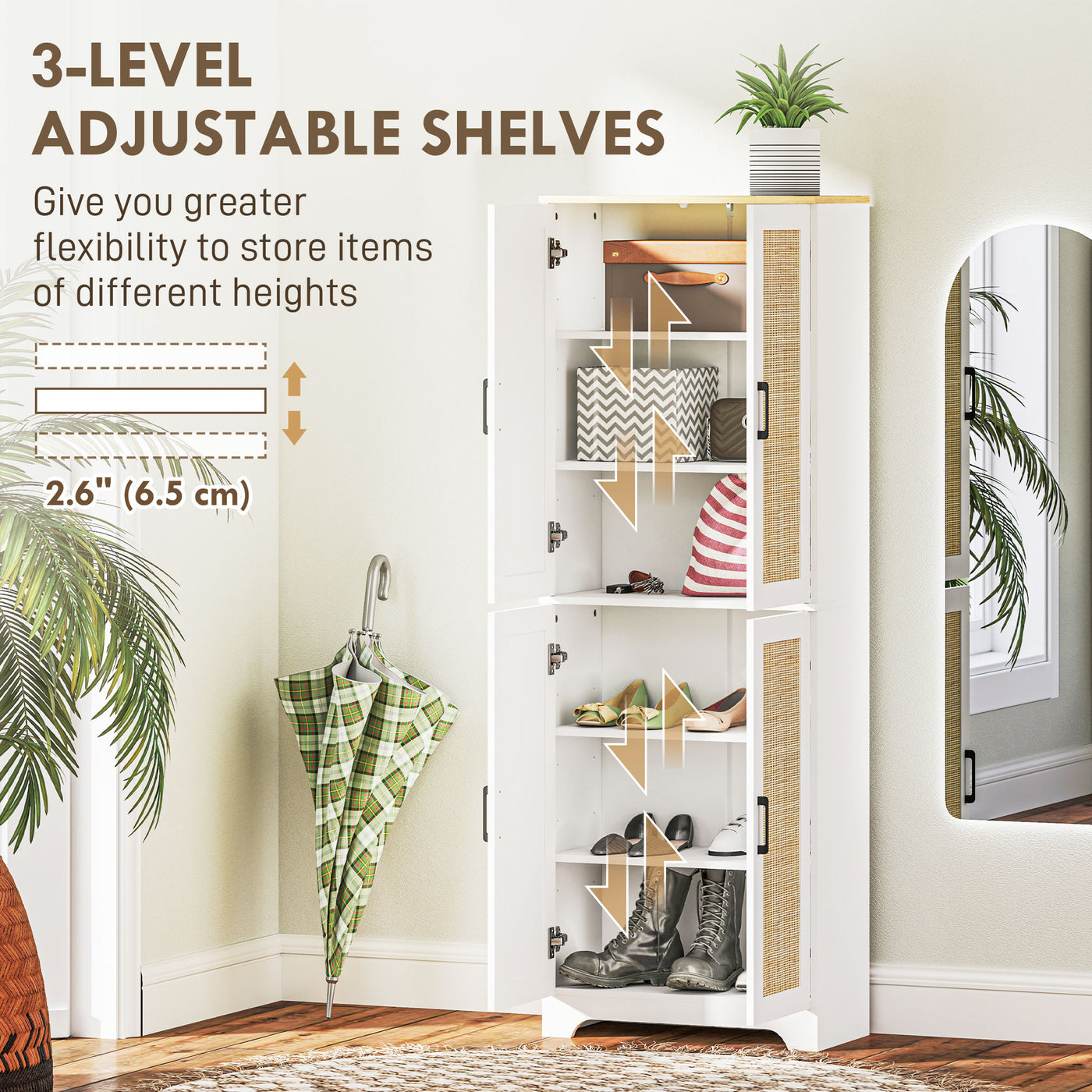67" Tall Kitchen Pantry, Freestanding Kitchen Storage Cabinet with 4 Rattan Doors and Adjustable Shelves, White