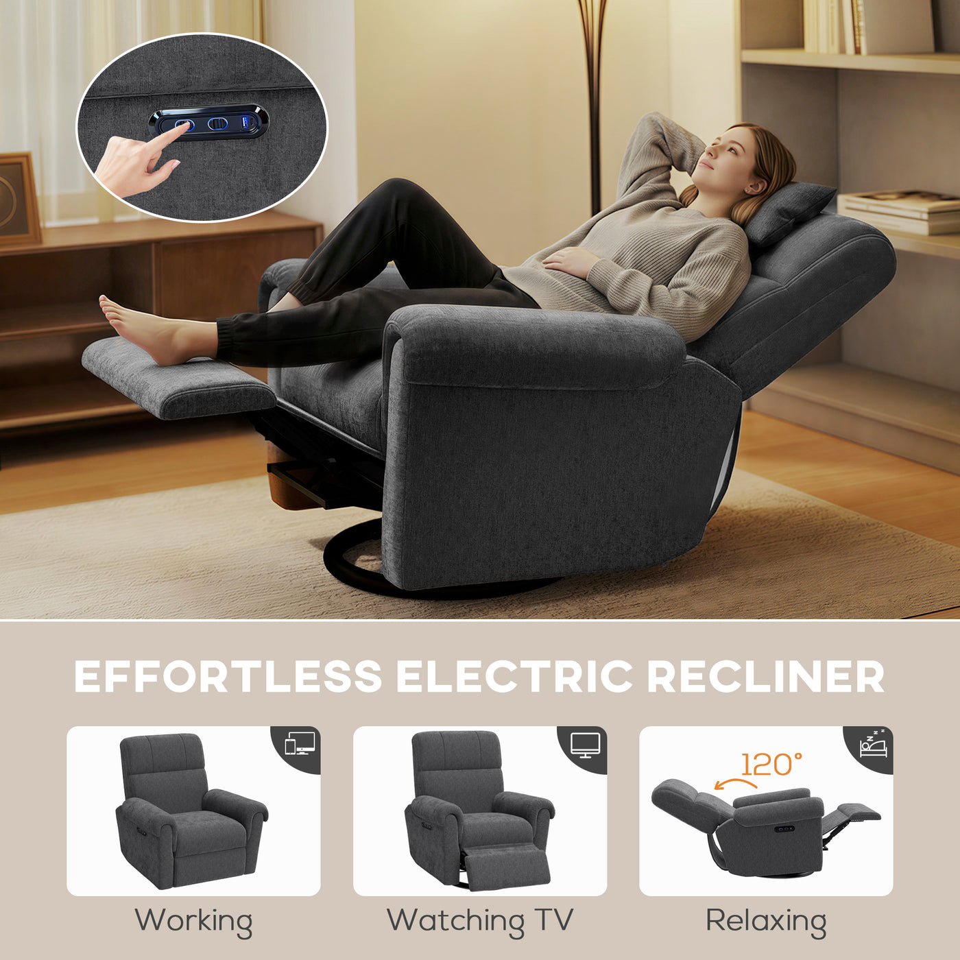 Power Recliner Chair, Fabric Upholstered Recliner Chair with USB Ports, Swivel and Rocking Function, Footrest, Dark Grey