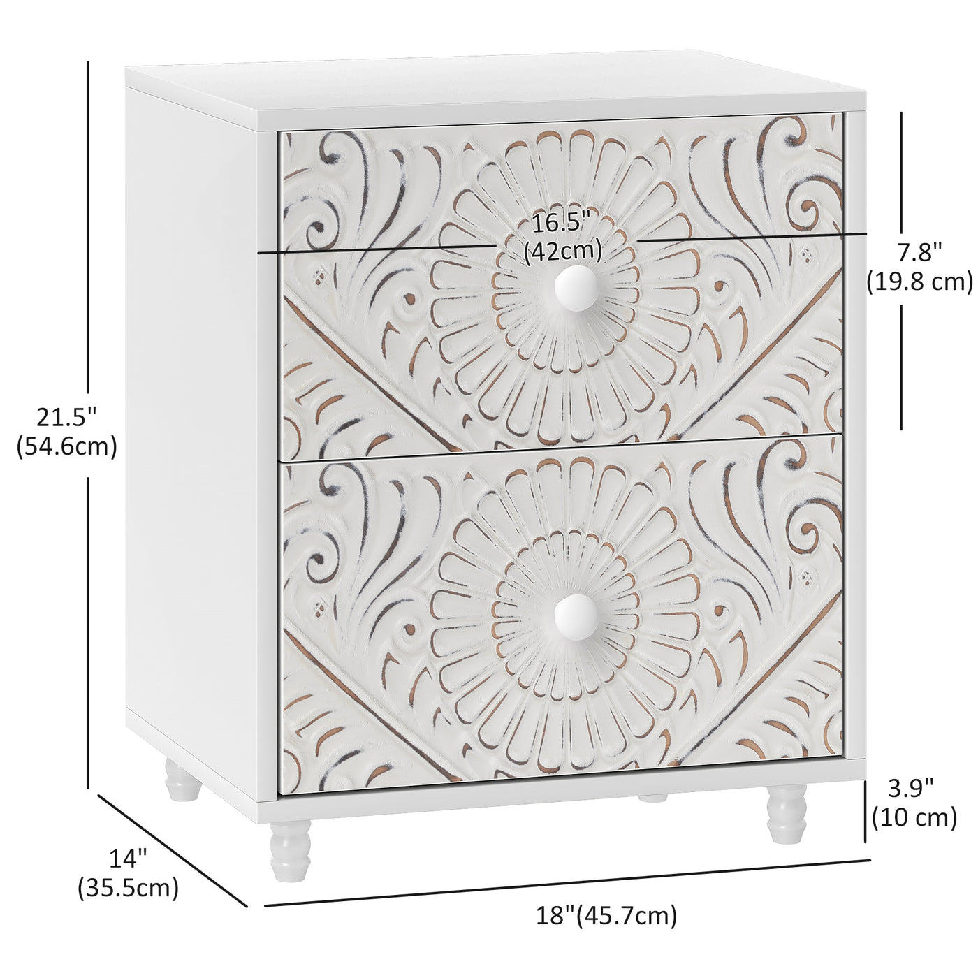 Mid-Century Bedside Table, Nightstand with 2 Drawers, Side End Table for Bedroom, White