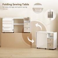 Rolling Sewing Machine Table with Power Outlet, Folding Craft Table with 2 Fabric Drawers, 2 Bins and 18 Pegs, White