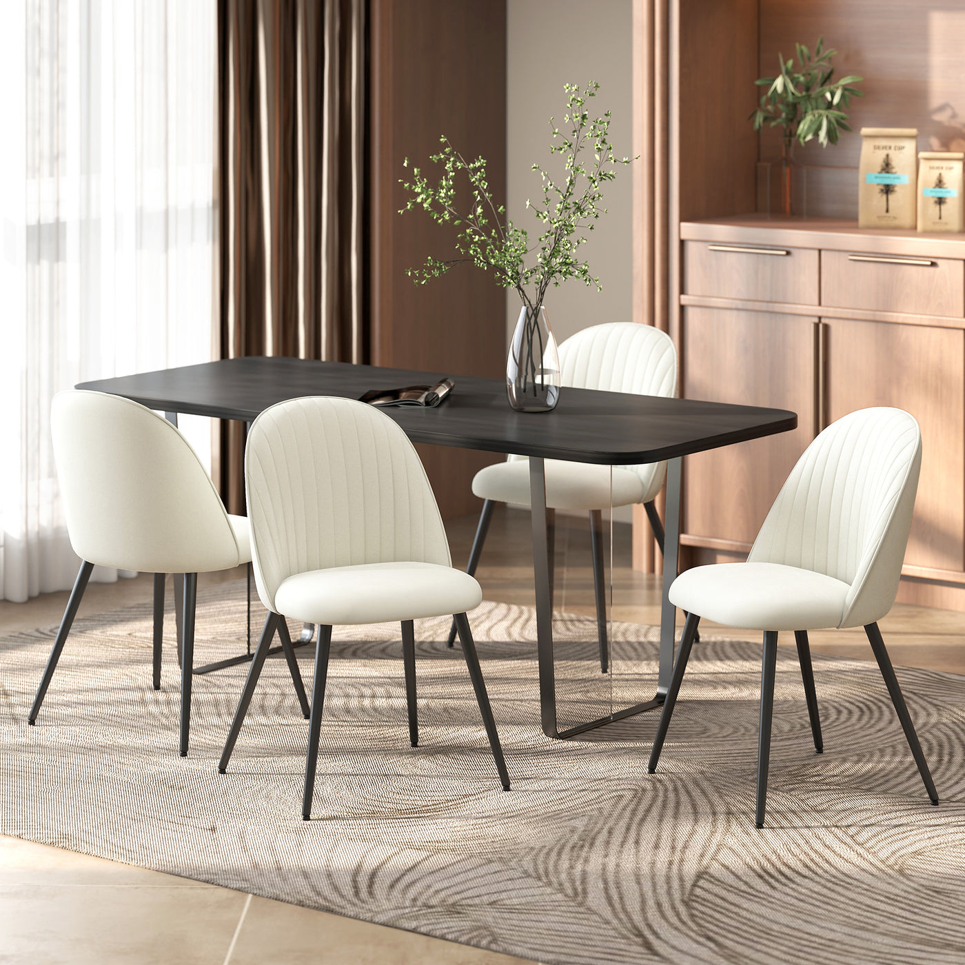 Set of 4 Modern Dining Chairs, Velvet Upholstered Kitchen Chairs with Steel Legs for Living Room, Cream White