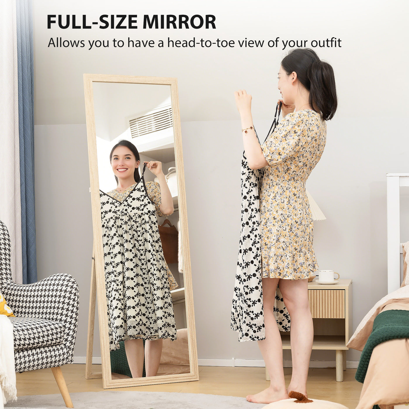 64" x 21" Full Length Mirror, Standing, Wall-Mounted or Leaning Against Wall, for Bedroom, Living Room, Beige