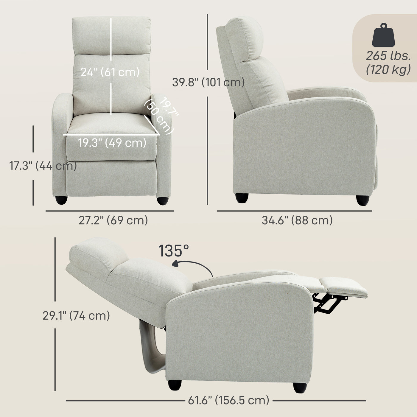 Fabric Recliner Chair Manual Home Theater Seating Single Reclining Sofa Chair with Padded Seat, Cream White