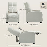 Fabric Recliner Chair Manual Home Theater Seating Single Reclining Sofa Chair with Padded Seat, Cream White