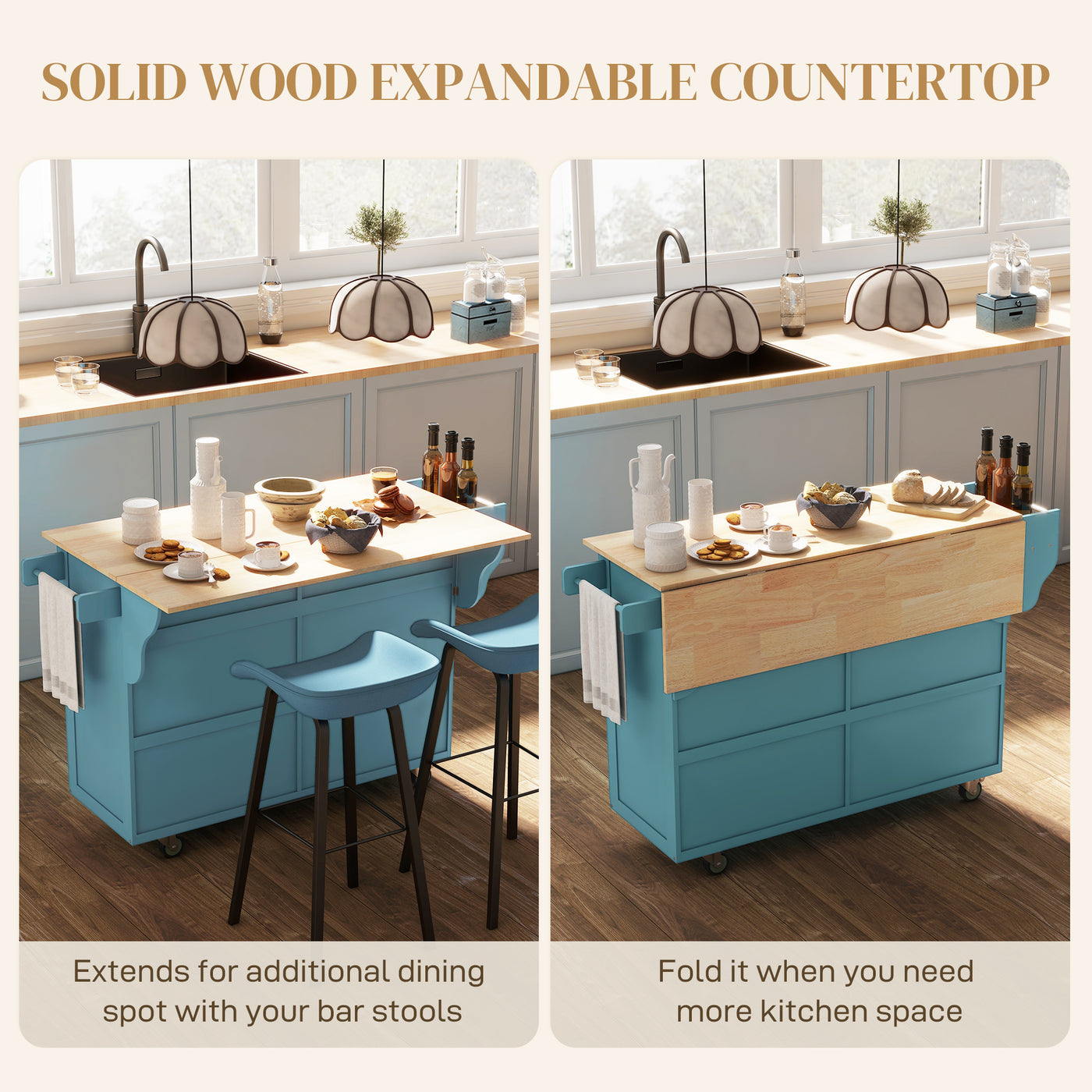 Kitchen Island with Storage, Rolling Kitchen Island with Drop Leaf, Rubber Wood Top and Adjustable Shelves, Light Blue