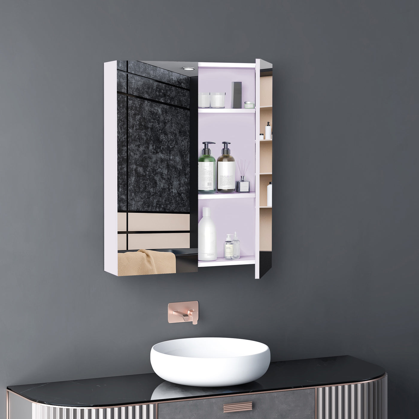 Wall Mount Medicine Cabinet with Mirror, Bathroom Mirror Cabinet Storage Organizer with Adjustable Shelf, Double Door Cupboard, Soft Closing, 23.5" x 29.5", Light Lilac