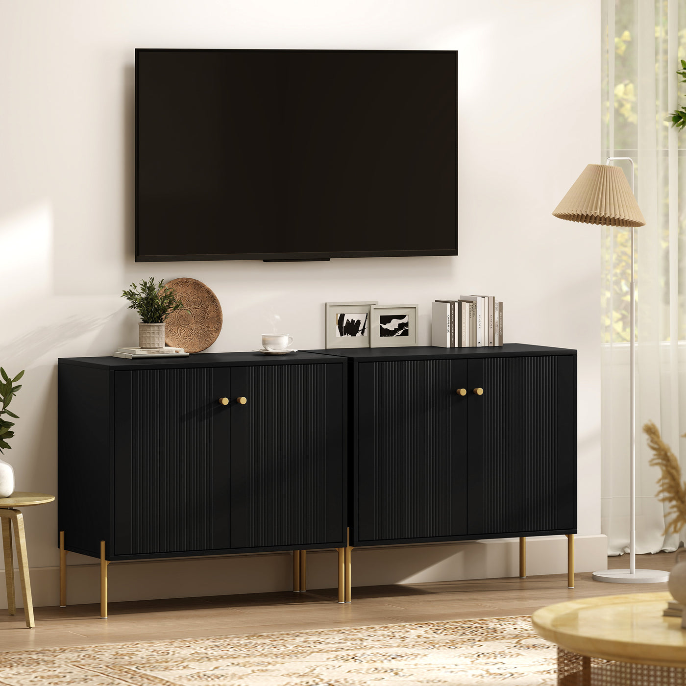 Sideboard, Modern Buffet Cabinet, Coffee Bar Cabinet with Fluted Doors and Adjustable Shelf, Black