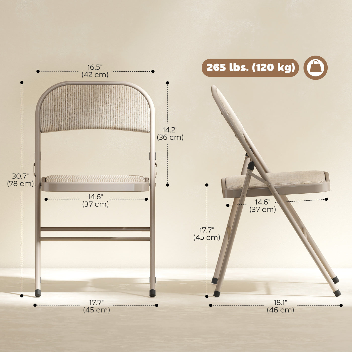 Set of 2 Metal Foldable Chairs, Faux Linen Padded Folding Chairs with Cushion Seat and Open Back for Indoor, Beige