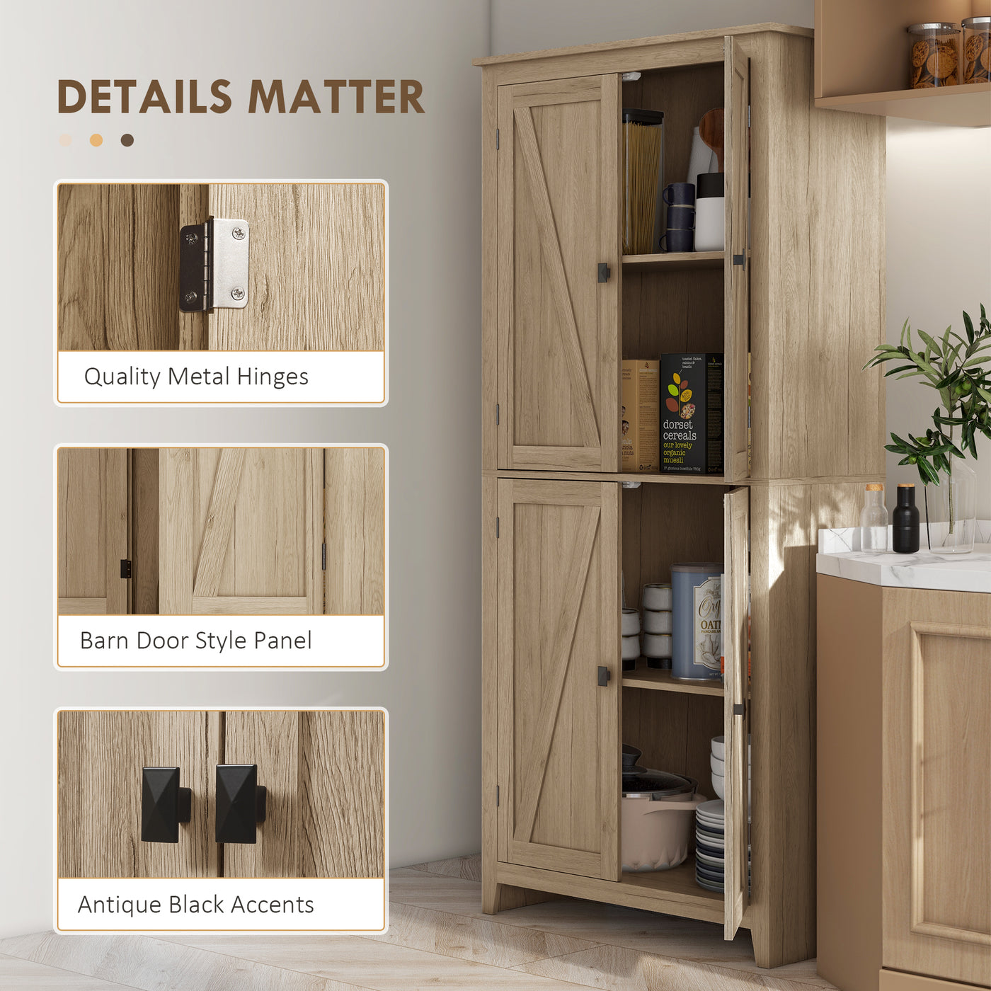 72" Freestanding Storage Cabinet, Kitchen Pantry Cabinet with Doors and Shelves for Dining Room, Natural
