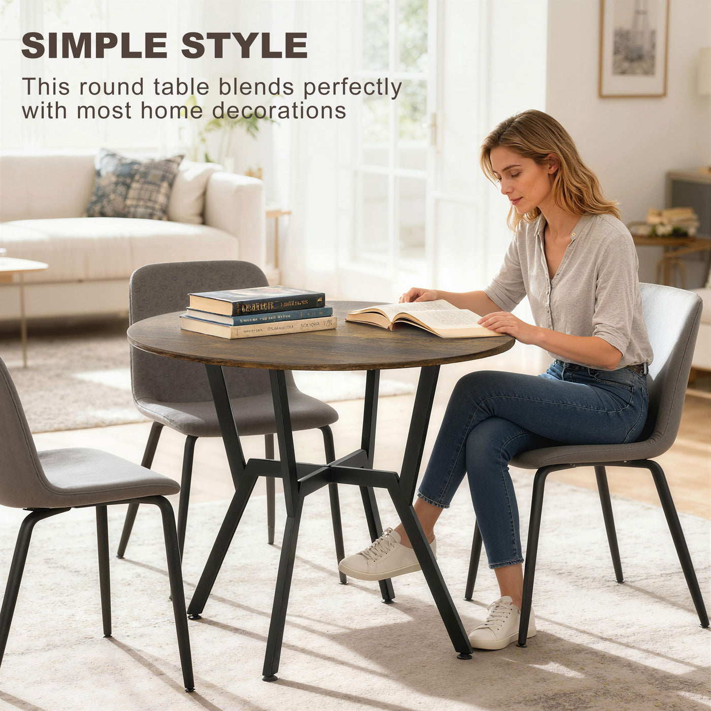 35" Round Dining Table, Modern Dining Room Table with Steel Frame, Space Saving Small Kitchen Table, Rustic Brown