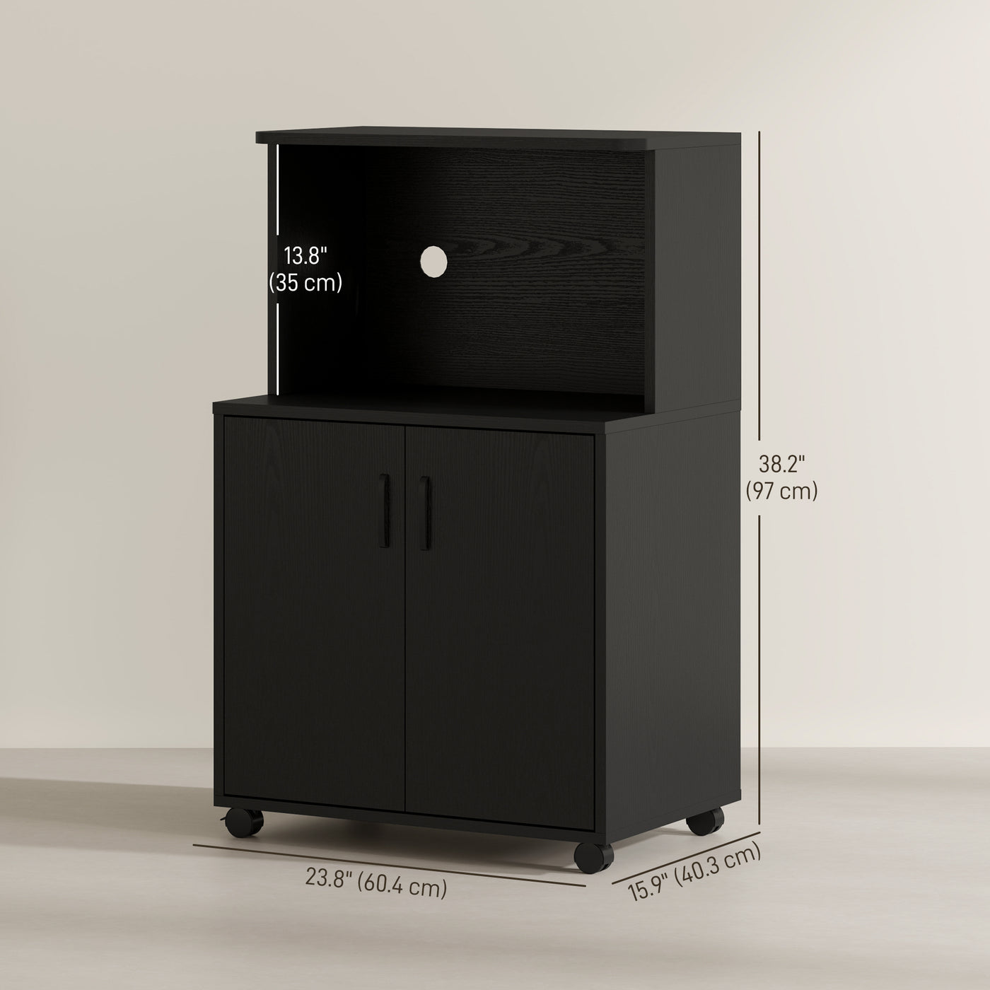 Microwave Cart on Wheels Utility Trolley Storage Sideboard Bookcase with 2-door Cabinet, Black Wood Grain