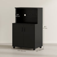 Microwave Cart on Wheels Utility Trolley Storage Sideboard Bookcase with 2-door Cabinet, Black Wood Grain
