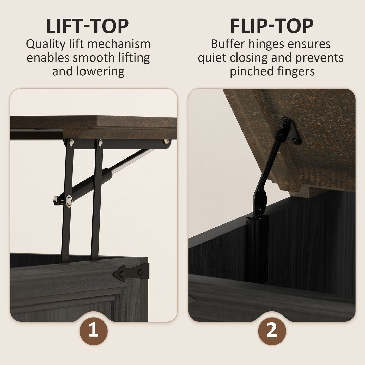 Lift Top Coffee Table with Charging Station, Square Farmhouse Center Table with Hidden Storage, Black Wood Grain