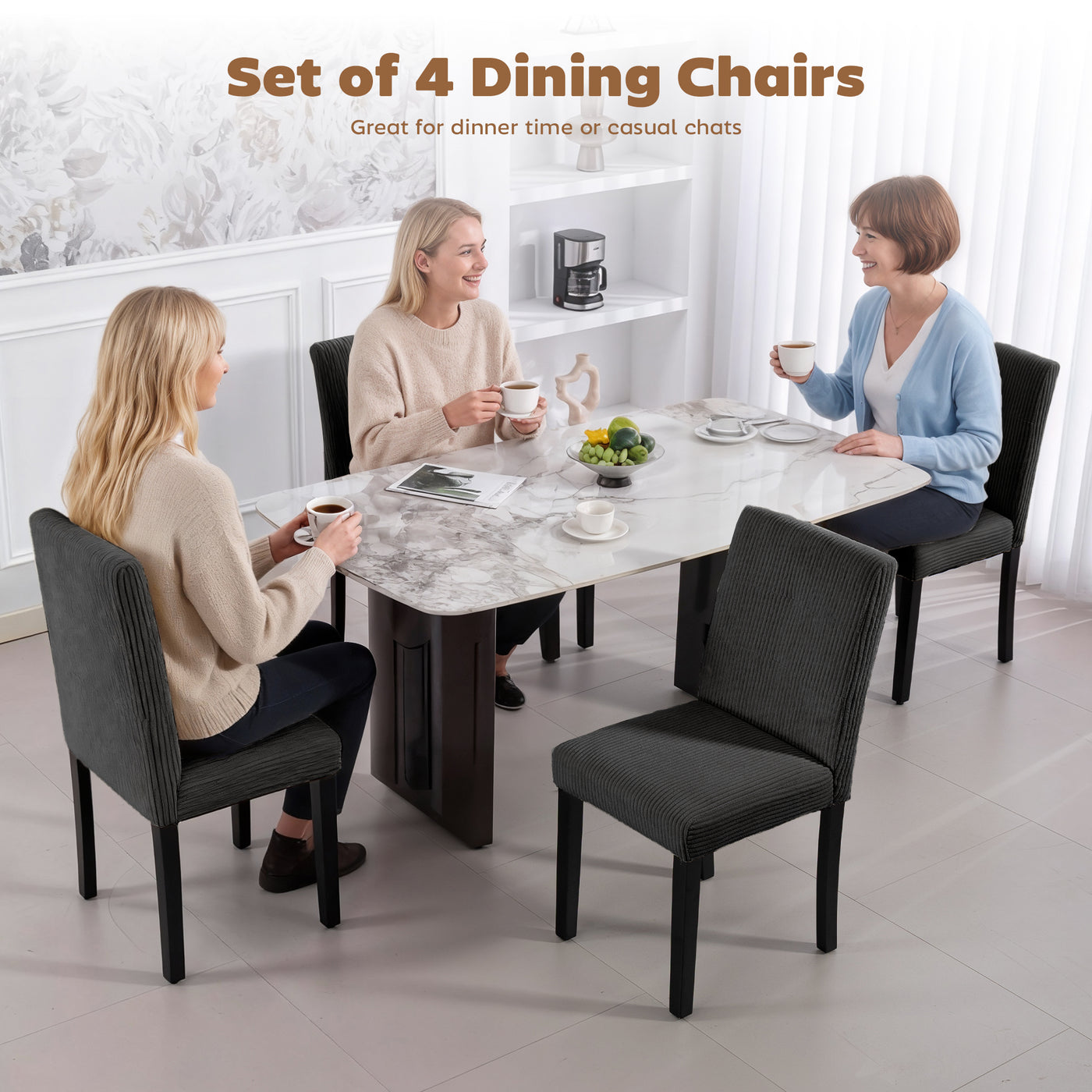 Modern Dining Chairs Set of 4, Kitchen Chairs with Rubberwood Legs and Padded Seat, Black