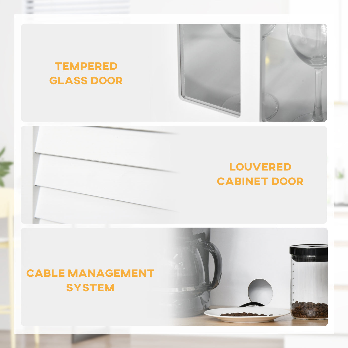 Coastal Style Kitchen Buffet and Hutch Wooden Storage Cupboard with Framed Glass Door LouveredCabinet  Drawers Microwave Space for Dining Room  Living Room  White