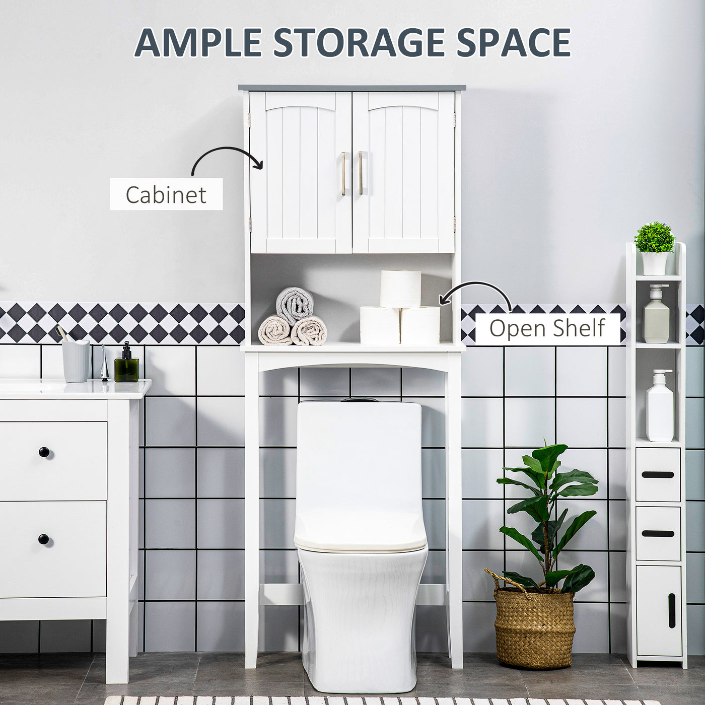 Modern Over The Toilet Storage Cabinet, Double Door Over Toilet Bathroom Organizer with Adjustable Shelf and Open Shelf, Space Saver, White