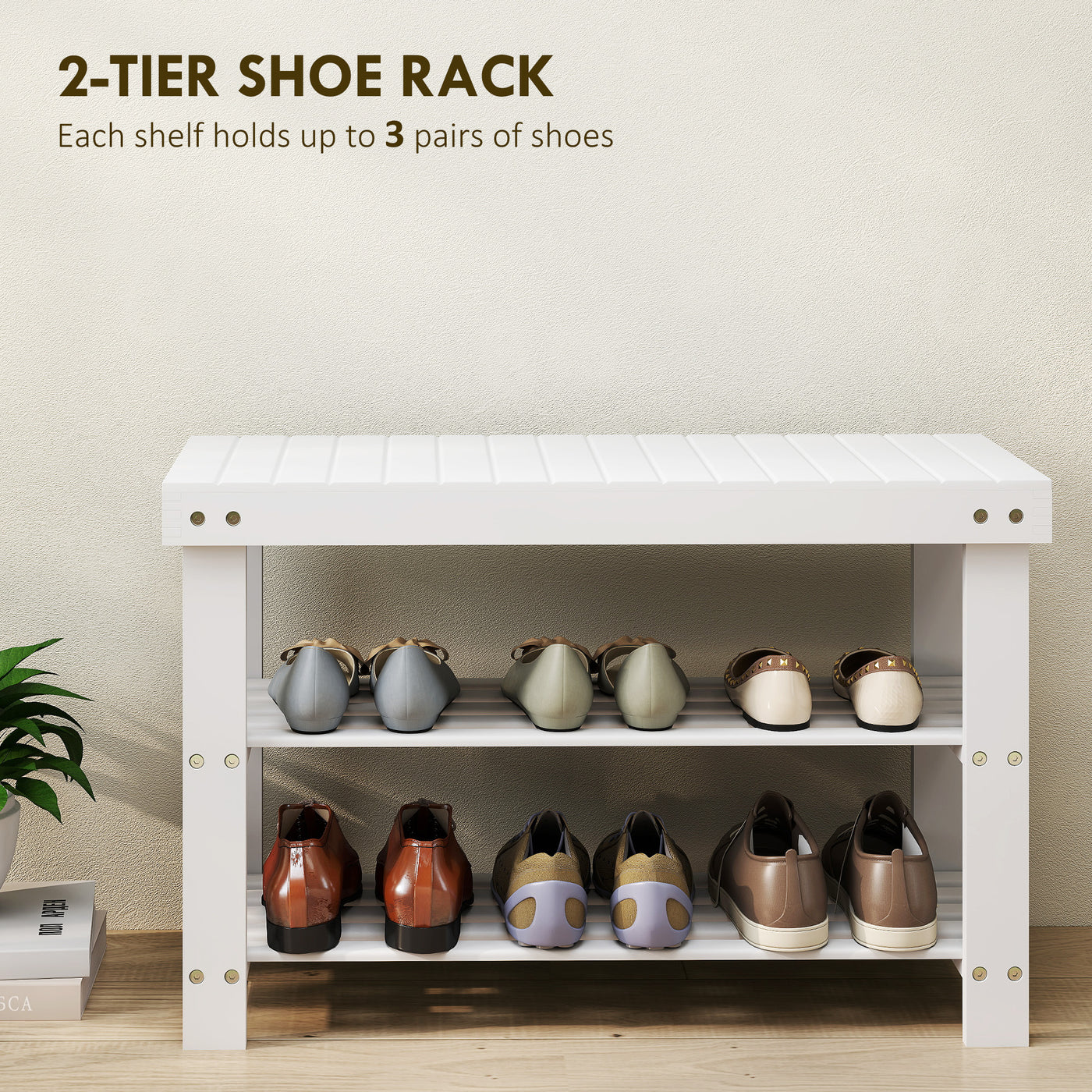 Bamboo Shoe Storage Bench, 3-Tier Entryway Bench with 2 Storage Shelves for Hallway, Holds 6 Pairs, White
