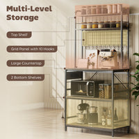Kitchen Baker's Rack with Power Outlet and LED Light, 5-Tier Coffee Bar Station with 10 Hooks, Grey