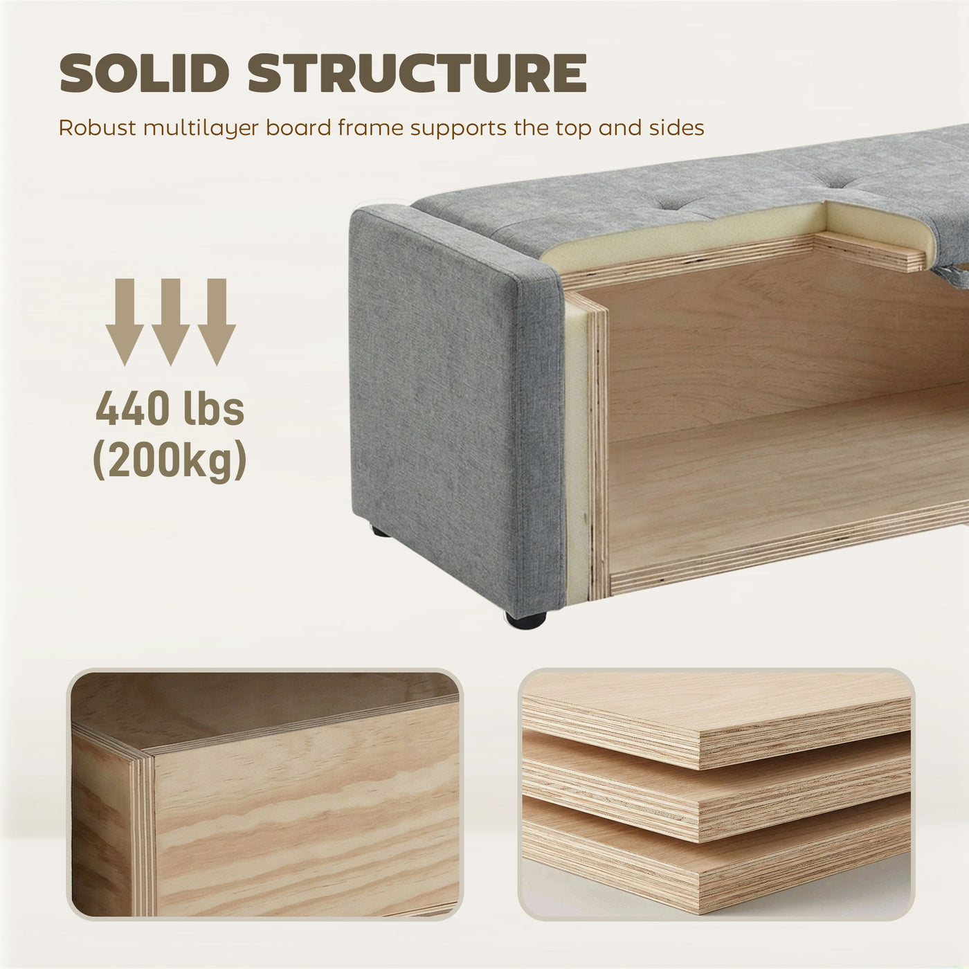 Storage Ottoman Bench, Linen-Look Fabric Upholstered Ottoman with Storage, Wide Padded Seat, Light Grey