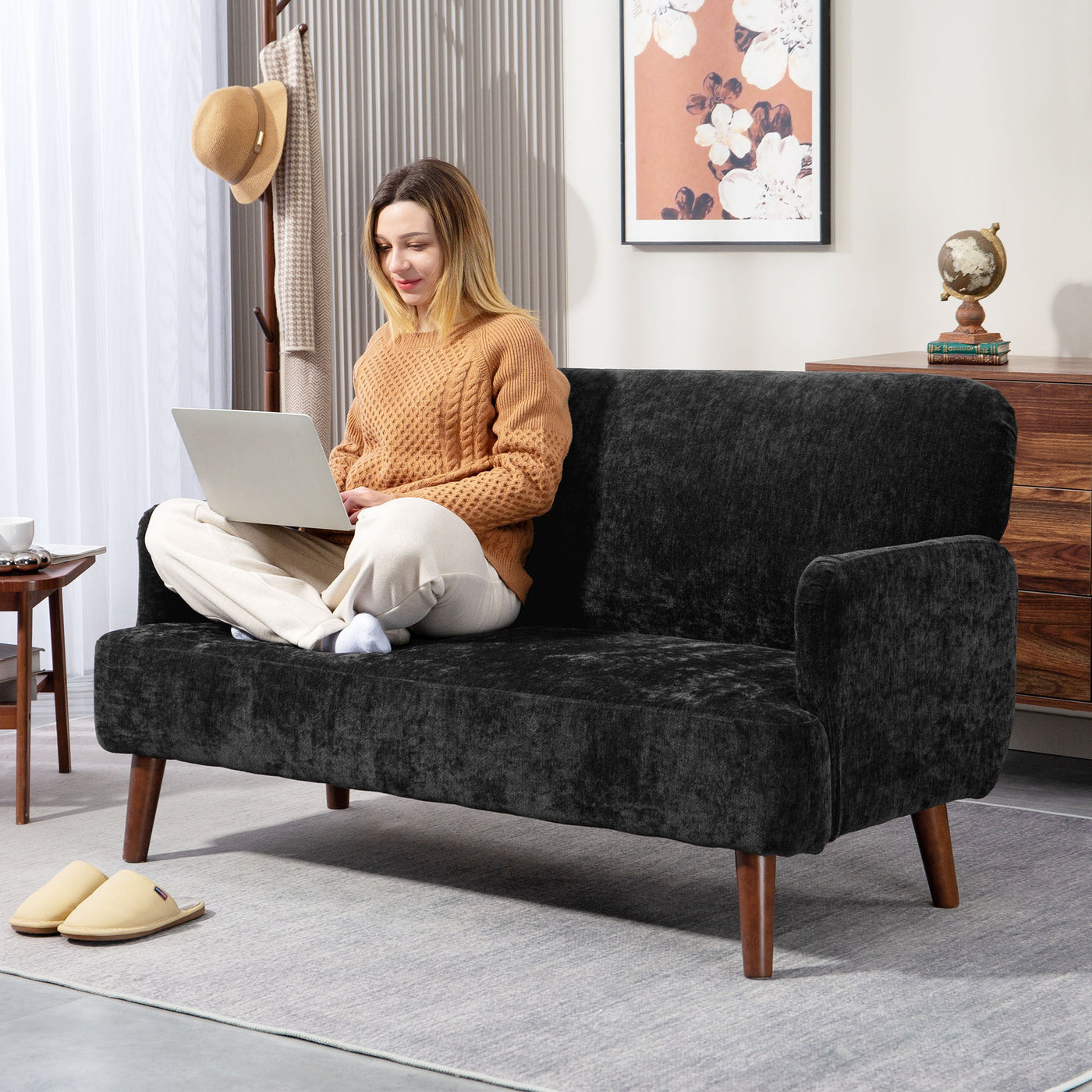 Velvet Feel Fabric 2 Seater Sofa, Small Sofa Loveseat with 8.3" Thick Padding and Wood Legs, Black