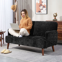 Velvet Feel Fabric 2 Seater Sofa, Small Sofa Loveseat with 8.3" Thick Padding and Wood Legs, Black