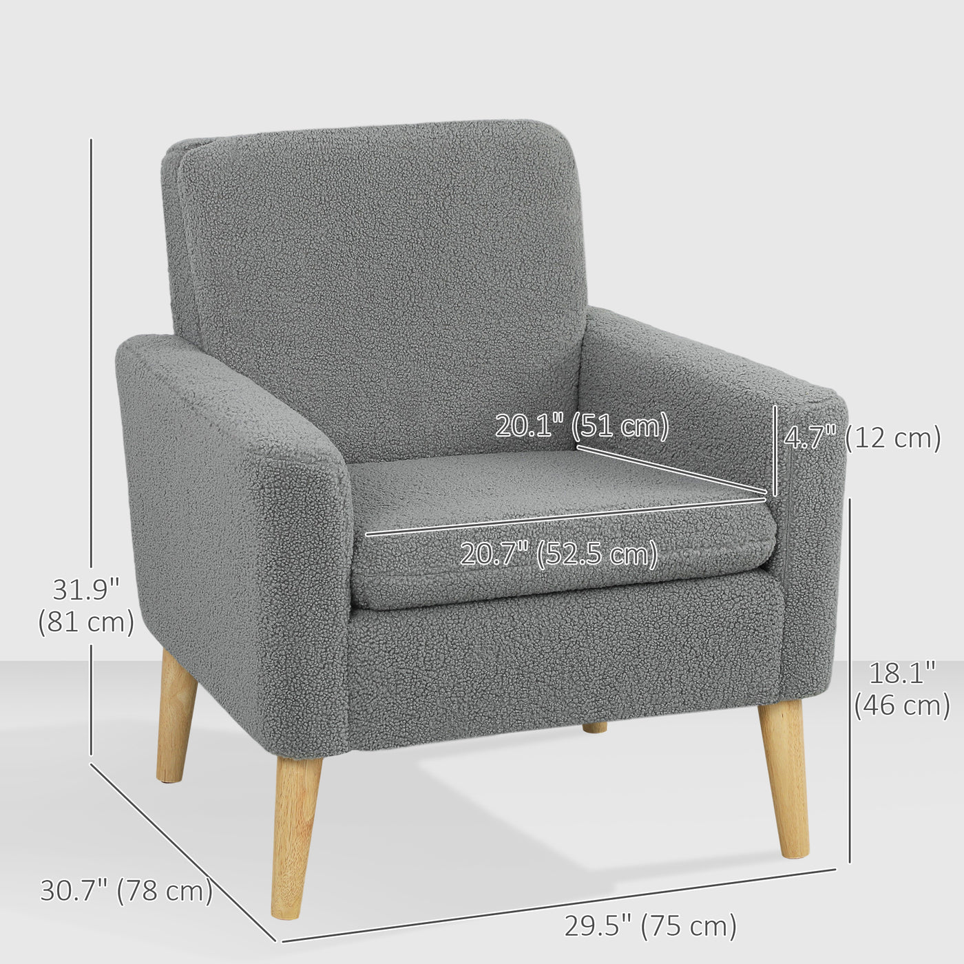 Fabric Accent Chair, Modern Upholstered Armchair with Wood Legs and Wide Padded Seat, Grey