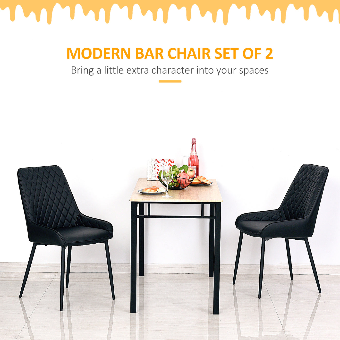 Upholstered Kitchen Chairs, Modern Dining Chairs Set of 2 with Diamond Tufting and Steel Legs for Dining Room, Black