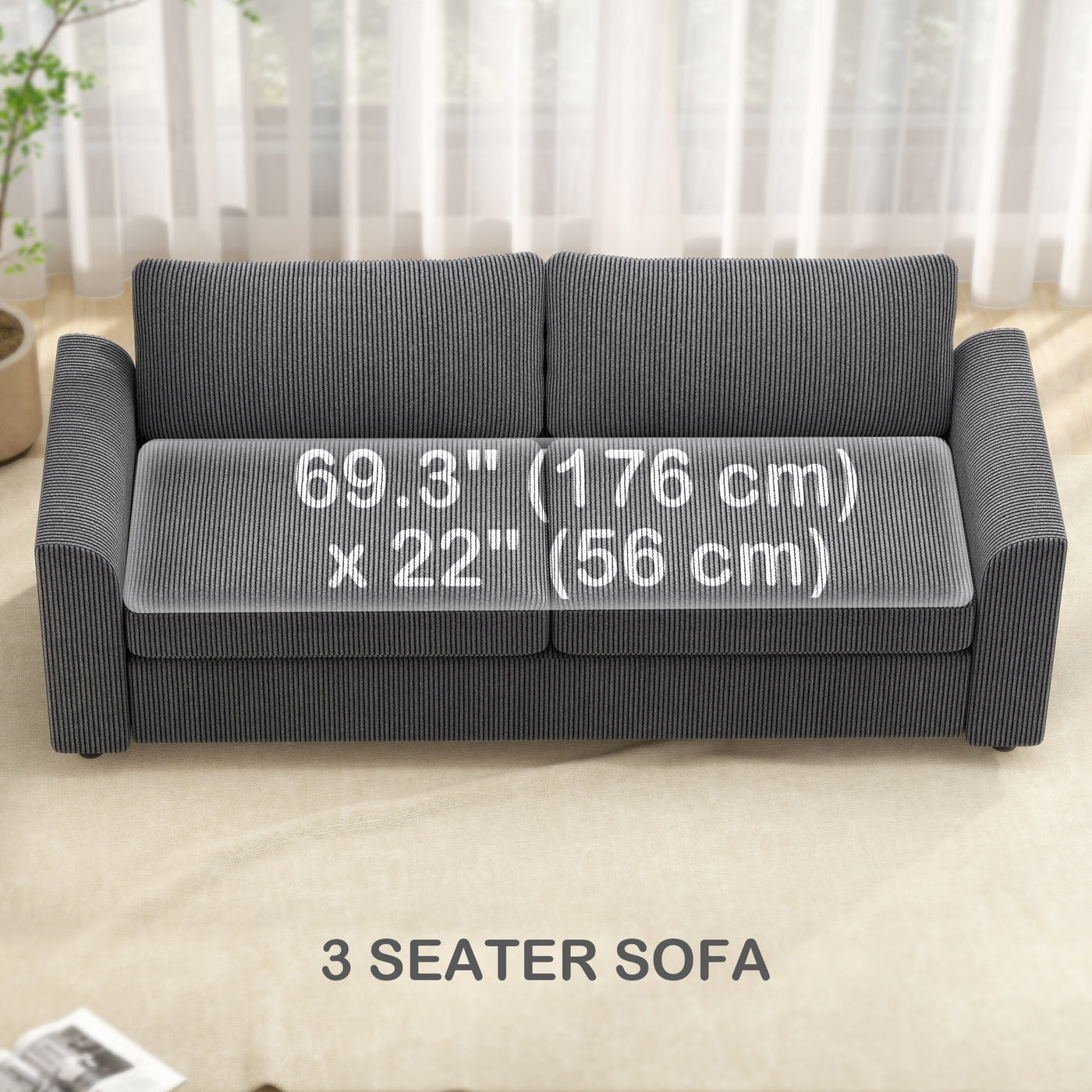 3 Seater Sofa, 83.5" Modern Upholstered Couch with Pocket Spring and 2 Scatter Cushions for Living Room, Dark Grey