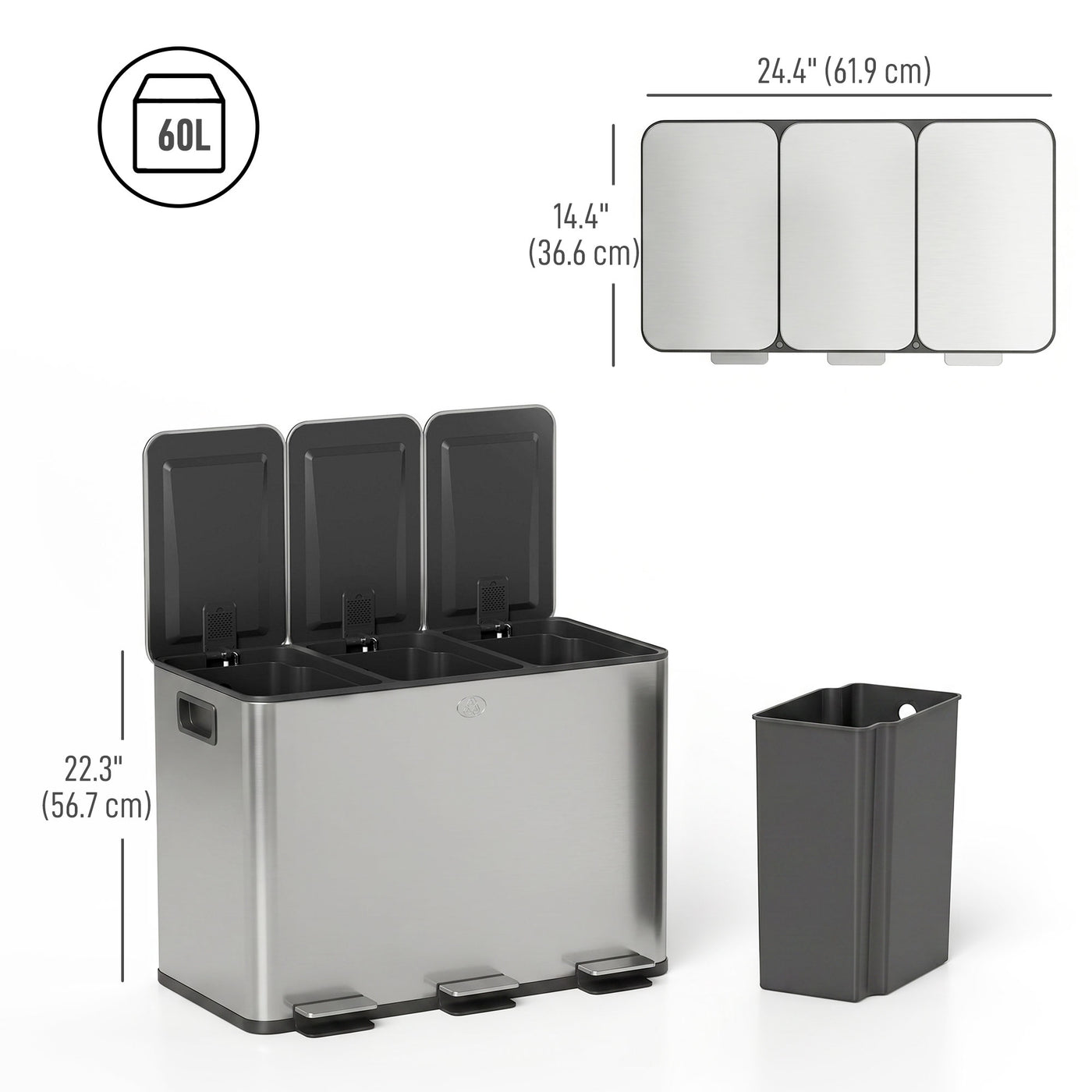 Garbage Bin, Soft-Close Trash Can with Foot Pedal, 3x5 Gallon (3x20 L) Garbage Can with Removable Inner Buckets, Silver