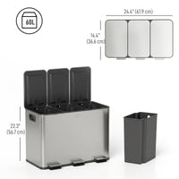 Garbage Bin, Soft-Close Trash Can with Foot Pedal, 3x5 Gallon (3x20 L) Garbage Can with Removable Inner Buckets, Silver