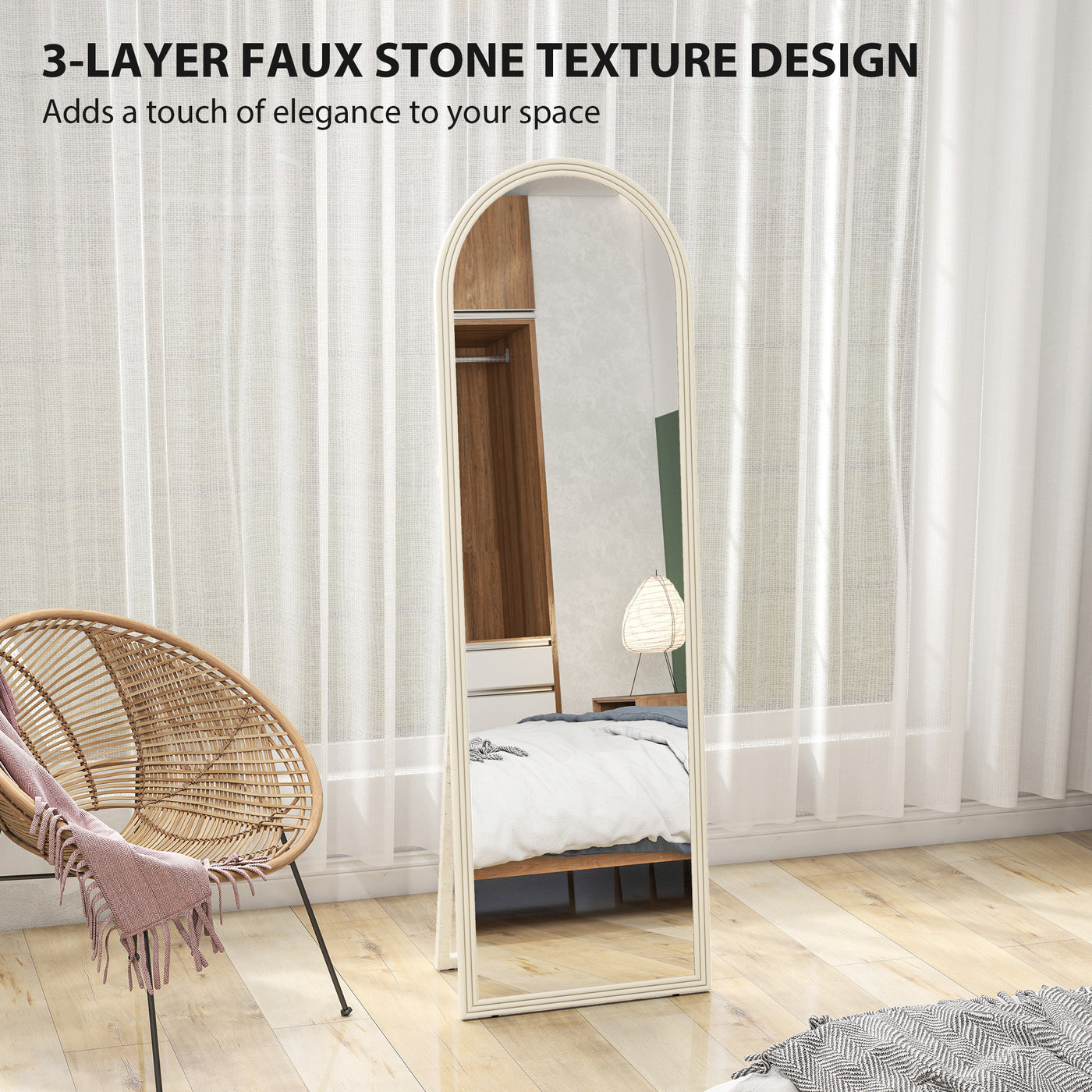 64" x 21" Full Length Mirror, Free Standing, Leaning or Wall, Arched Full Body Mirror with Faux Stone Frame, White