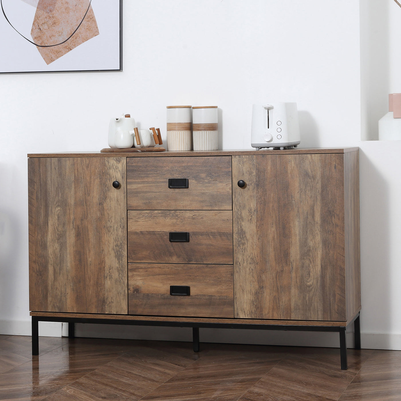 Industrial Sideboard Buffet Storage Cabinet Cupboard with 2 Doors, 3 Drawers and Shelves for Dining Room, Living Room, Brown