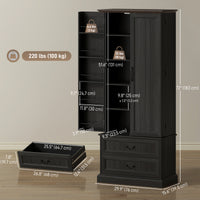 72" LED Kitchen Pantry Cabinet, Buffet Storage Cabinet with 10 Door Shelves, 2 Drawers and Adjustable Shelves, Black
