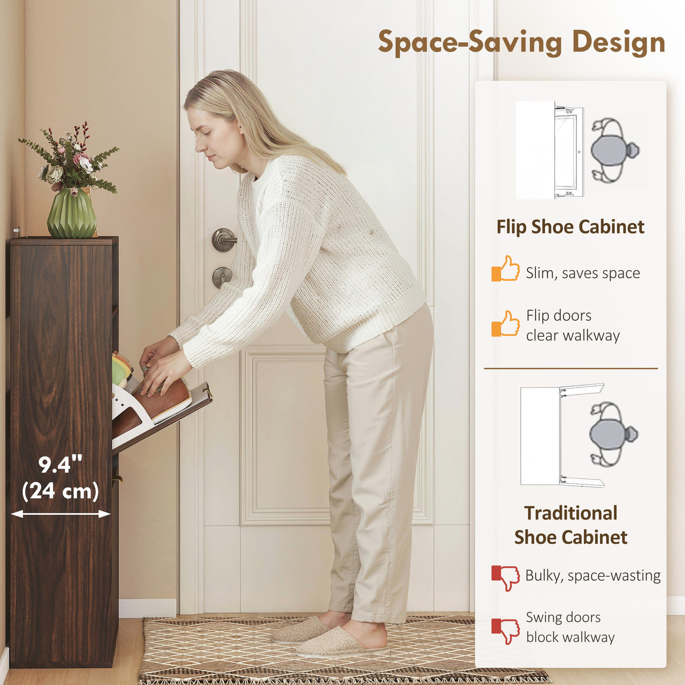 Shoe Cabinet with 2 Flip Drawers Narrow Shoe Storage Cabinet with Top Shelf for Entryway Hallway Coffee