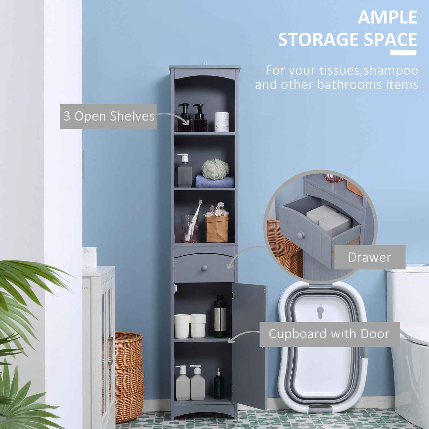 Bathroom Storage Cabinet, Tall Linen Tower with 3-Tier Shelves and Drawer and Door, Grey