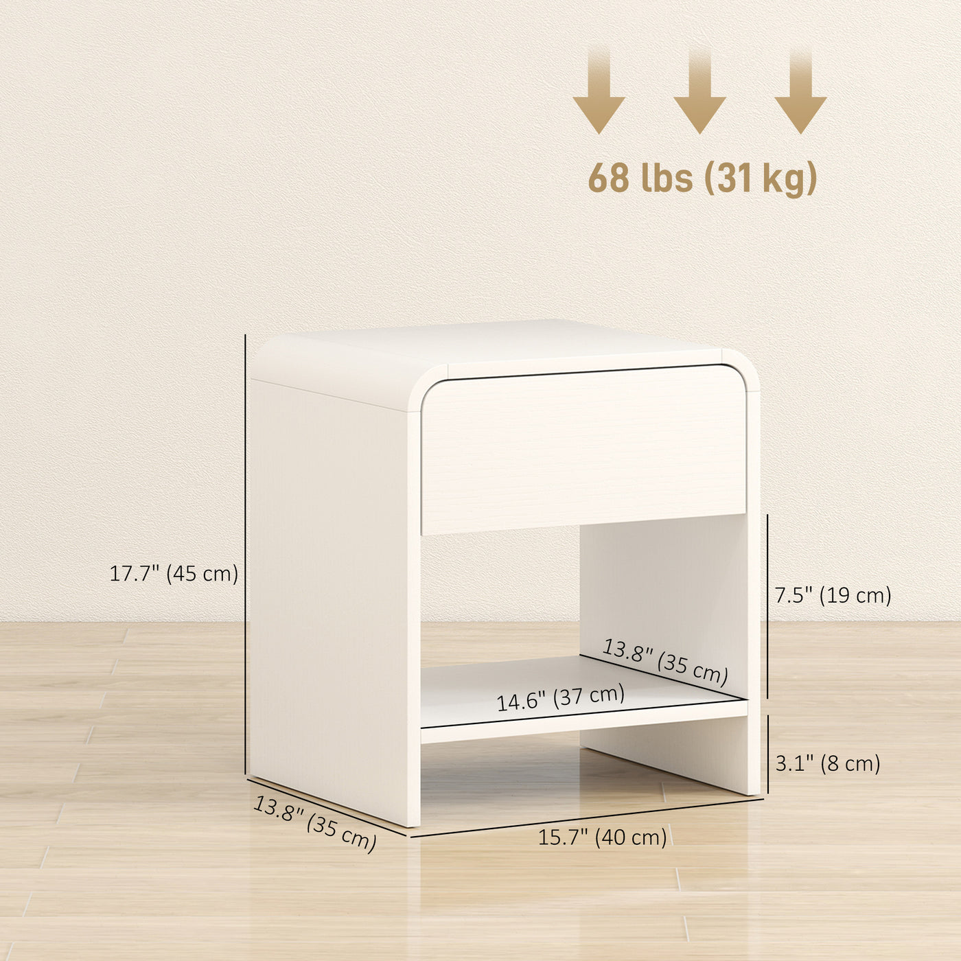 Nightstand Set of 2, Modern Bedside Table with Rounded Corners, Nightstand with Drawer and Open Shelf, Distressed White