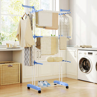 Foldable Clothes Drying Rack, 4-Tier Steel Laundry Rack for Drying Clothes with 2 Side Wings and 4 Castors, Indoor and Outdoor Use, Blue