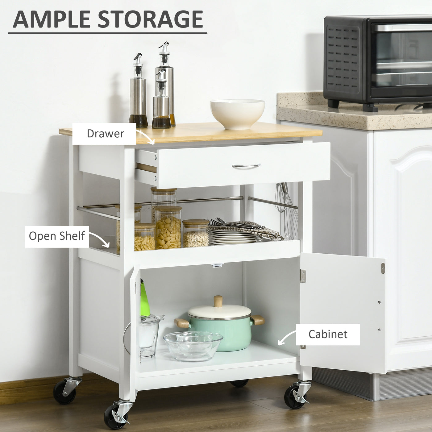 Kitchen Cart, Utility Trolley, Small Kitchen Island with Storage Drawer & Side Hooks for Dining Room, White