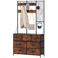 4-In-1 Coat Rack with 7 Drawer Fabric Dresser, Hall Tree with 14 Hooks for Hallway, Entryway, Bedroom, Rustic Brown