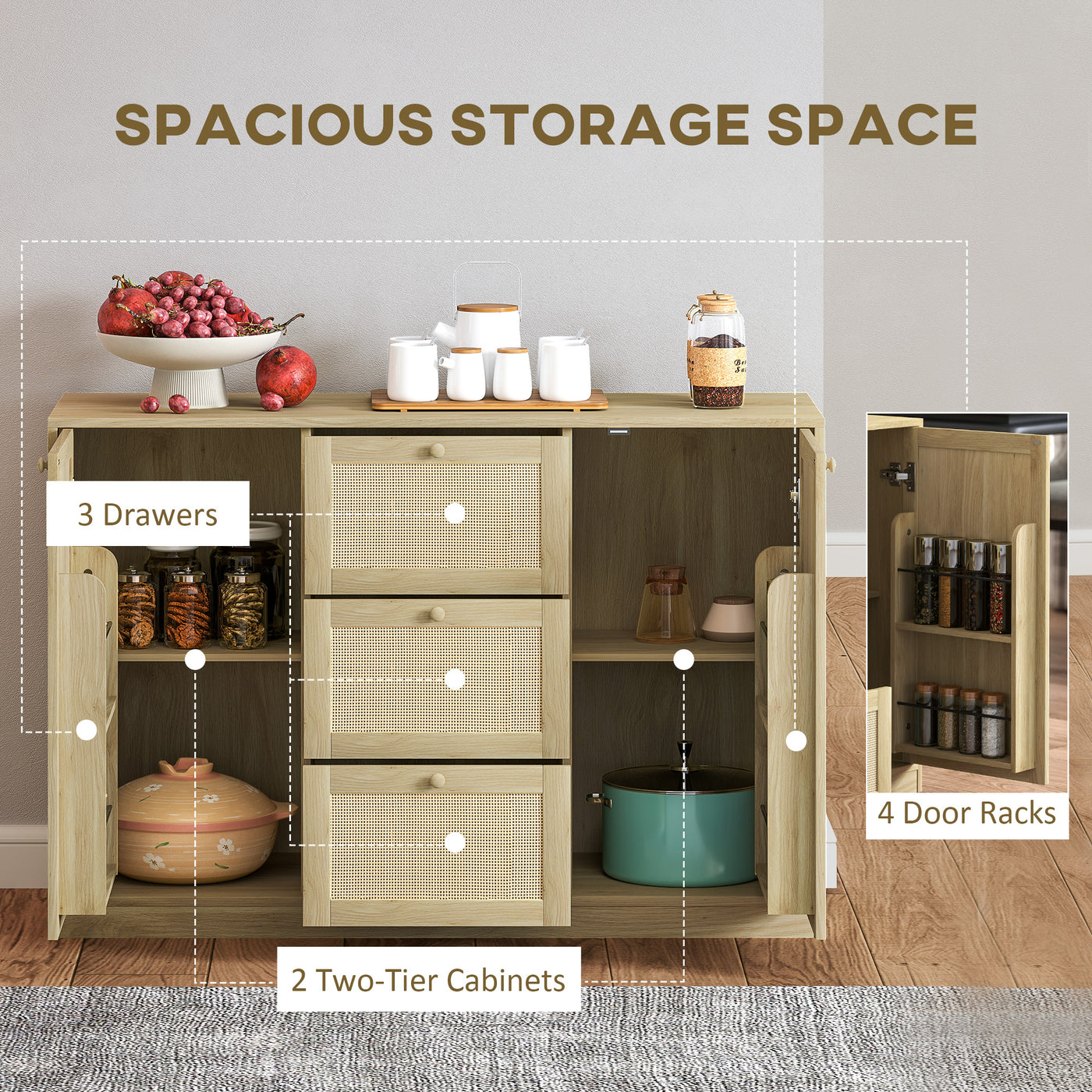 Boho Sideboard Buffet Cabinet, Kitchen Coffee Bar Cabinet with 3 Drawers, 2 Adjustable Shelves and 4 Racks, Natural