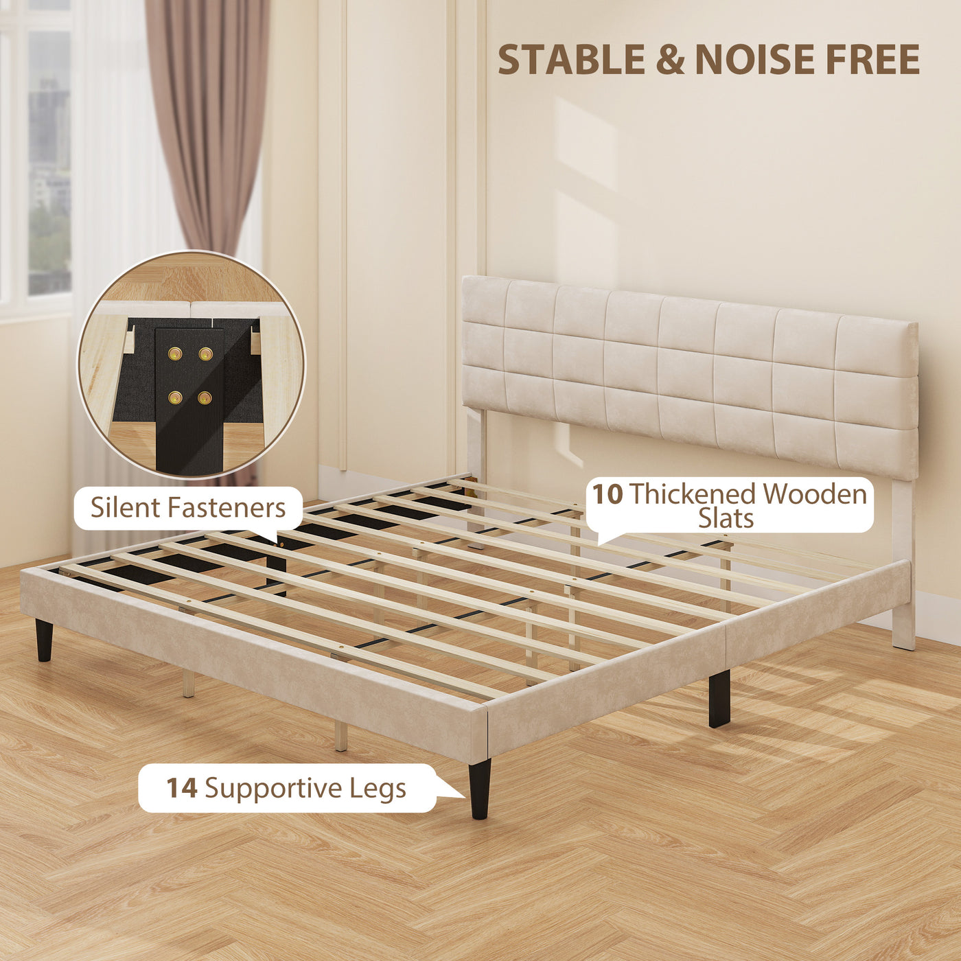 King Size Bed Frame with Upholstered Headboard, Modern Platform Bed Frame with Wood Slats, 1100 lbs Capacity, Cream White