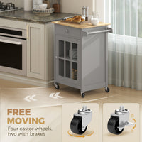 Rolling Kitchen Cart with Drawer and Glass Door Cabinet, Kitchen Island on Wheels with Towel Rack, Dark Grey