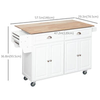 Kitchen Island with Storage, Rolling Kitchen Island with Drop Leaf, Rubber Wood Top and Adjustable Shelves, White