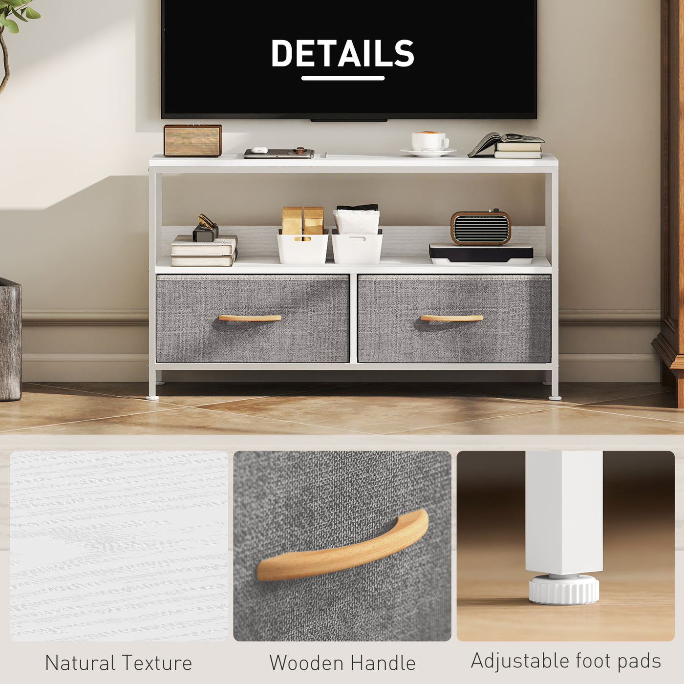 TV Stand with Charging Station, TV Table with 2 Foldable Linen Drawers and Open Shelf for 47 Inch Television, White
