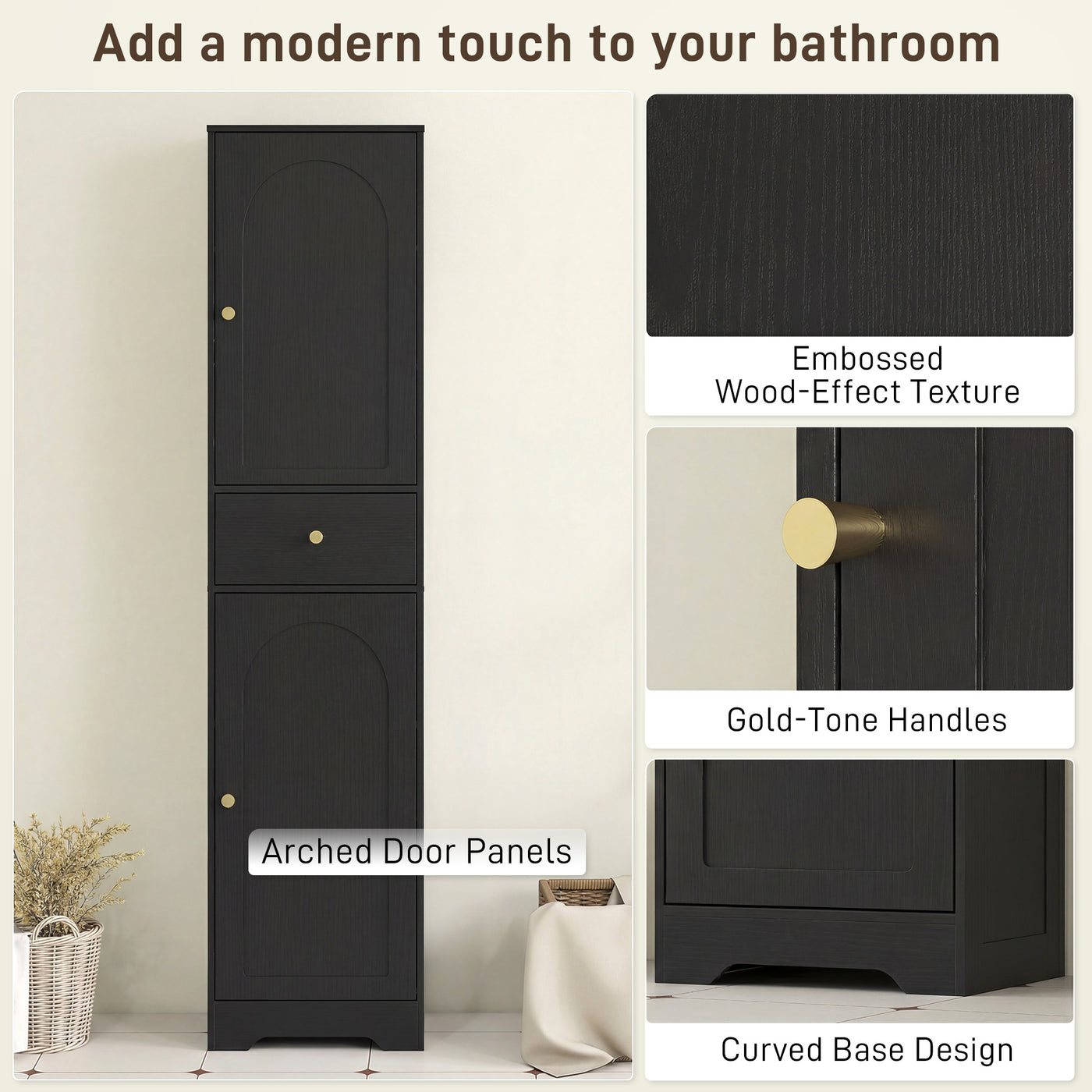 67" Tall Bathroom Cabinet, Slim Bathroom Storage Cabinet with 2 Doors, Drawer and Adjustable Shelf, Black Wood Grain