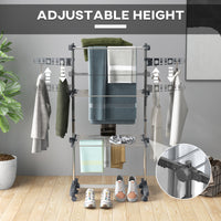 3-Tier Foldable Clothes Drying Rack, Stainless Steel Laundry Rack with 2 Side Wings and 6 Castors, Collapsible Adjustable Clothes Airer for Indoor Outdoor, Grey
