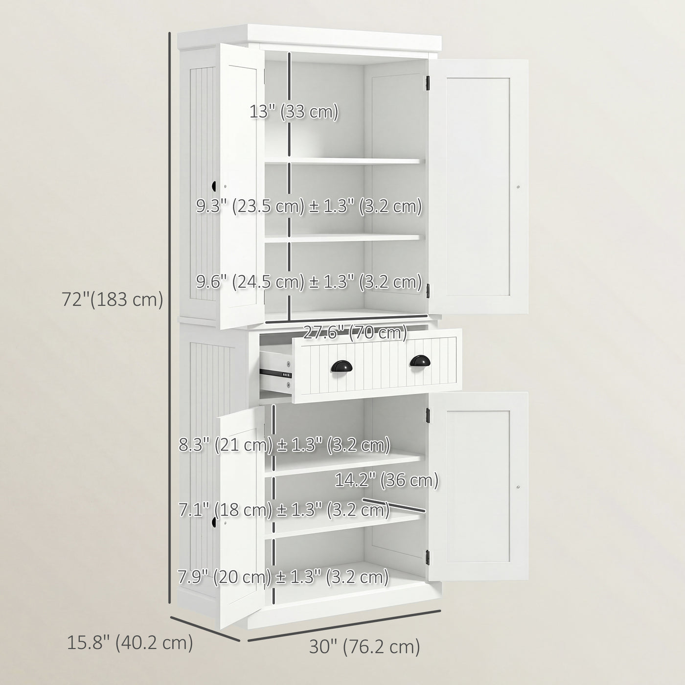 72" Kitchen Pantry, Freestanding Storage Cabinet with Drawer, Doors, Cream White