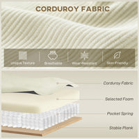 Corner Sofa with Changeable Chaise, Corduroy L-Shaped Sectional Sofa with Pocket Spring, 2 Pillows, Cream White